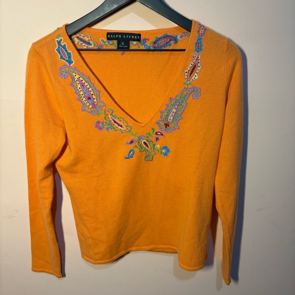 Ralph Lauren Orange V-Neck Sweater with Embroidery